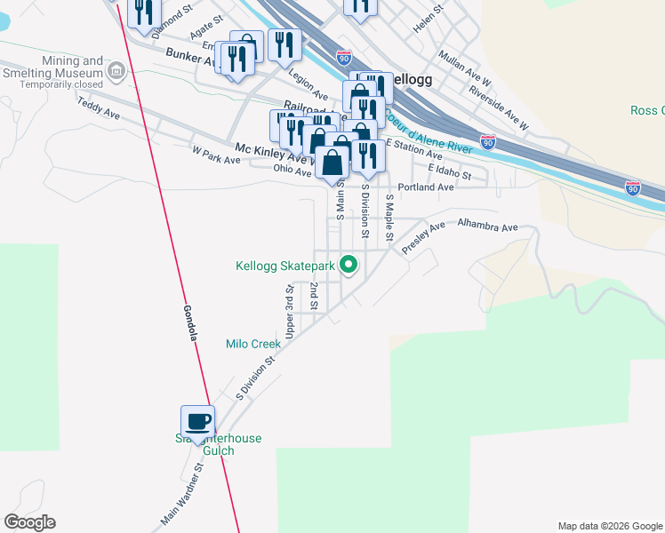 map of restaurants, bars, coffee shops, grocery stores, and more near 512 Main Street in Kellogg
