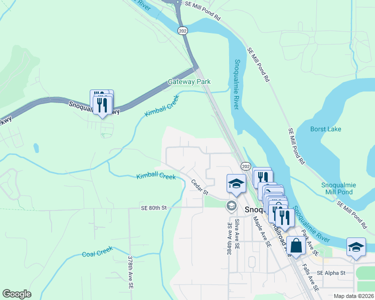 map of restaurants, bars, coffee shops, grocery stores, and more near 7610 Harding Place Southeast in Snoqualmie