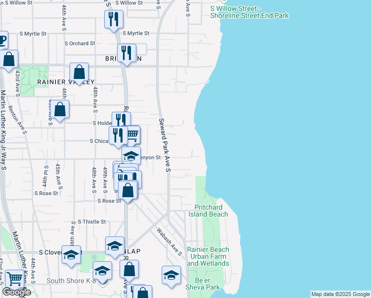 map of restaurants, bars, coffee shops, grocery stores, and more near 5332 South Kenyon Street in Seattle