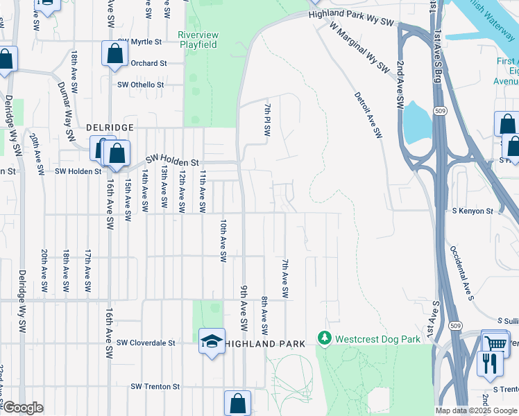 map of restaurants, bars, coffee shops, grocery stores, and more near 7757 8th Avenue Southwest in Seattle