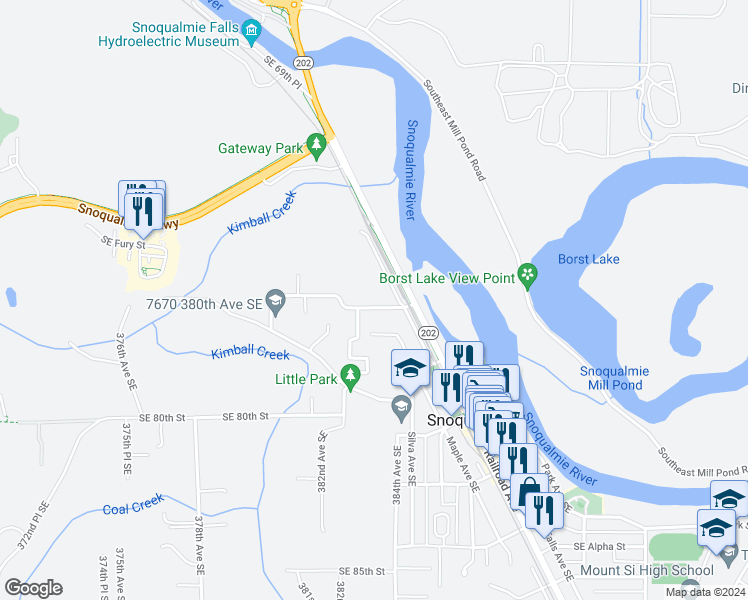 map of restaurants, bars, coffee shops, grocery stores, and more near 38332 Southeast Northern Street in Snoqualmie