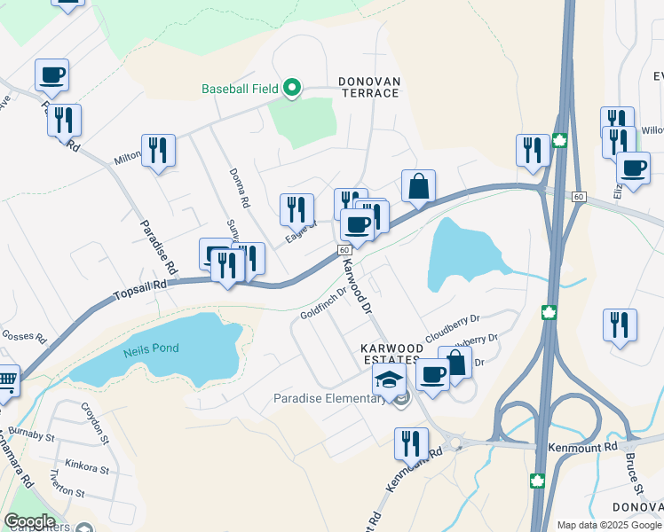 map of restaurants, bars, coffee shops, grocery stores, and more near 1447 Topsail Road in Paradise