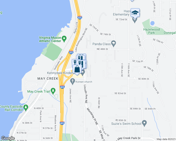 map of restaurants, bars, coffee shops, grocery stores, and more near 7900 110th Avenue Southeast in Newcastle