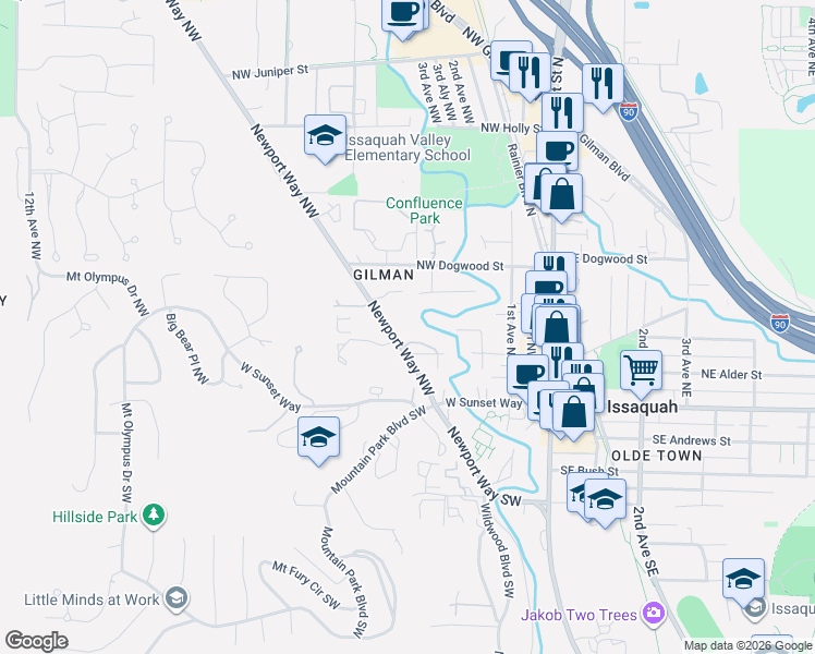 map of restaurants, bars, coffee shops, grocery stores, and more near 160 Newport Way Northwest in Issaquah