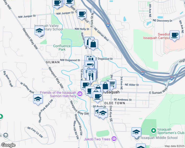 map of restaurants, bars, coffee shops, grocery stores, and more near 110 Rainier Boulevard North in Issaquah