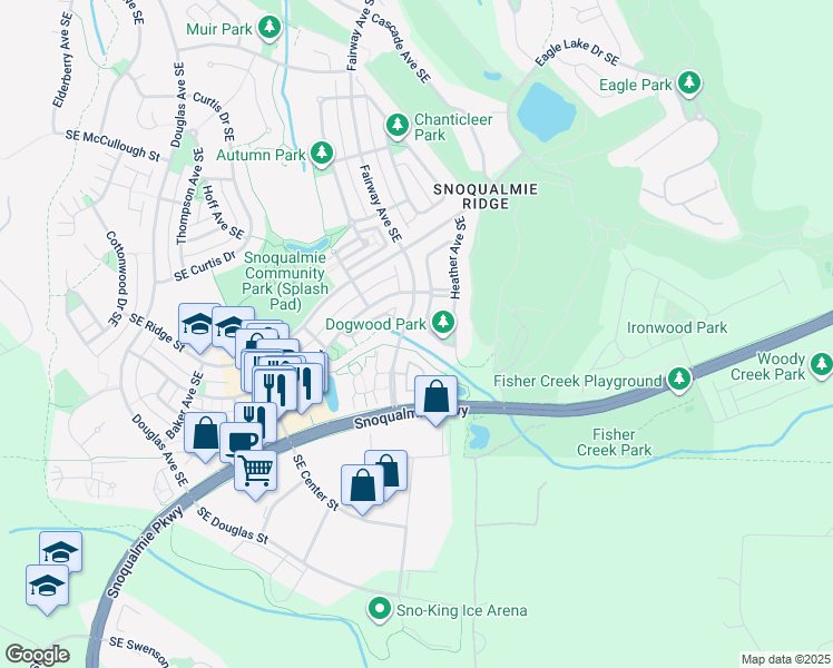 map of restaurants, bars, coffee shops, grocery stores, and more near 7615 Dogwood Lane Southeast in Snoqualmie