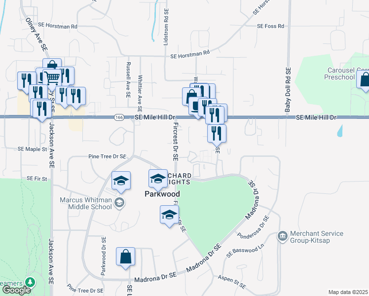 map of restaurants, bars, coffee shops, grocery stores, and more near 1721 Fir Crest Drive Southeast in Port Orchard