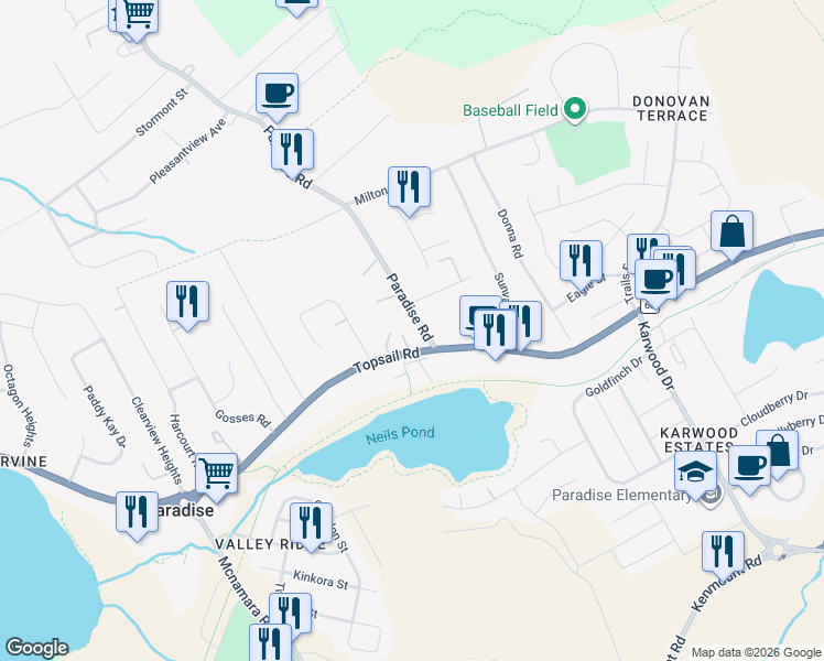 map of restaurants, bars, coffee shops, grocery stores, and more near 1510 Topsail Road in Paradise