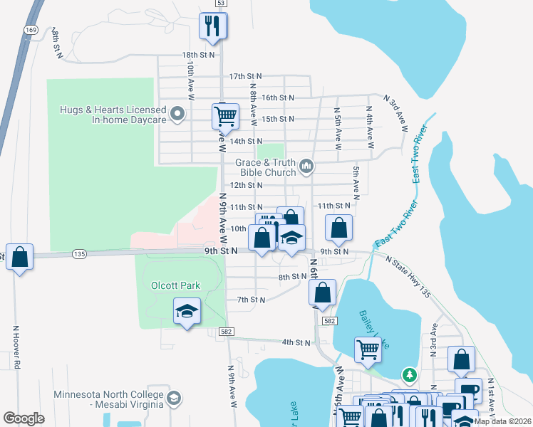map of restaurants, bars, coffee shops, grocery stores, and more near 731 10th Street North in Virginia