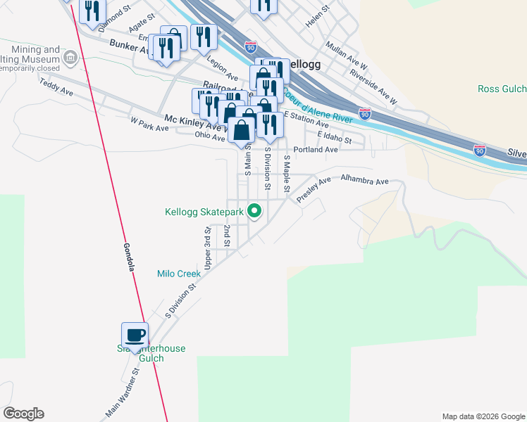 map of restaurants, bars, coffee shops, grocery stores, and more near 508 Main Street in Kellogg