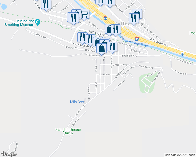 map of restaurants, bars, coffee shops, grocery stores, and more near 511 2nd Street in Kellogg