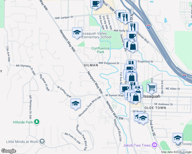 map of restaurants, bars, coffee shops, grocery stores, and more near 170 Newport Way Northwest in Issaquah
