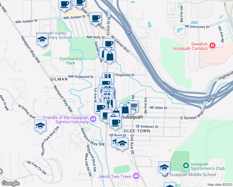 map of restaurants, bars, coffee shops, grocery stores, and more near 110 Rainier Boulevard North in Issaquah