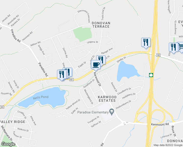 map of restaurants, bars, coffee shops, grocery stores, and more near 1447 Topsail Road in Paradise