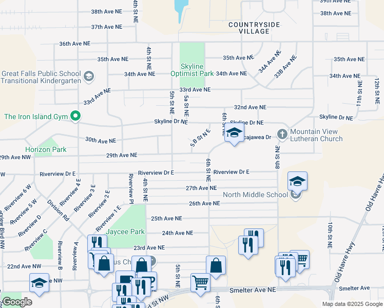 map of restaurants, bars, coffee shops, grocery stores, and more near 518 29th Avenue Northeast in Great Falls
