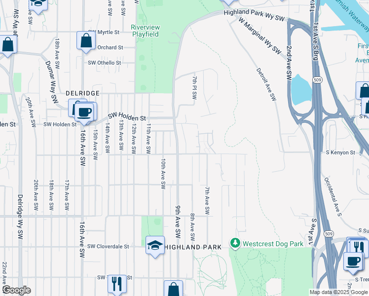 map of restaurants, bars, coffee shops, grocery stores, and more near 7757 8th Avenue Southwest in Seattle