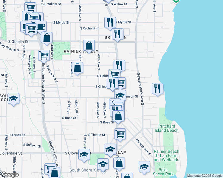 map of restaurants, bars, coffee shops, grocery stores, and more near 4843 South Chicago Street in Seattle