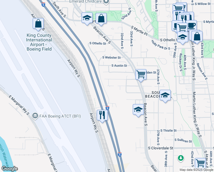 map of restaurants, bars, coffee shops, grocery stores, and more near South Chicago Street in Seattle