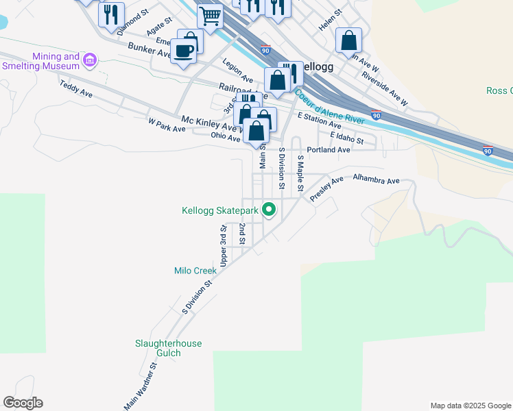 map of restaurants, bars, coffee shops, grocery stores, and more near 511 Main Street in Wardner