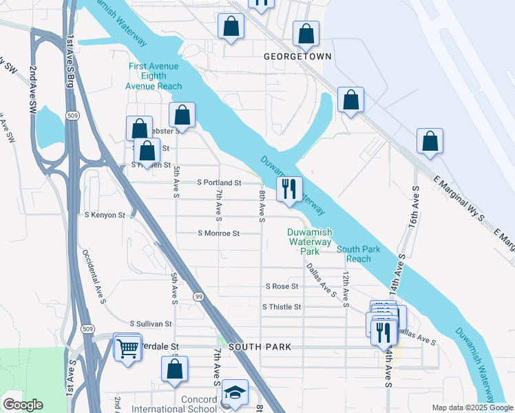 map of restaurants, bars, coffee shops, grocery stores, and more near 744 South Kenyon Street in Seattle