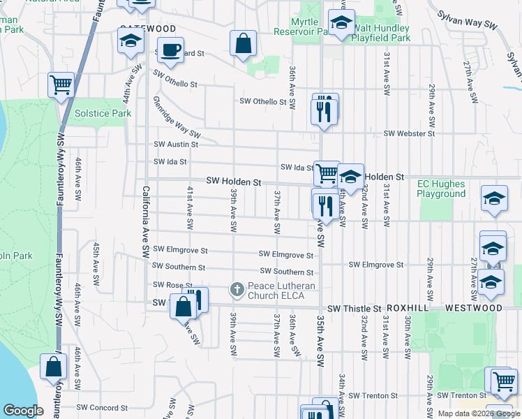 map of restaurants, bars, coffee shops, grocery stores, and more near 3727 Southwest Kenyon Street in Seattle