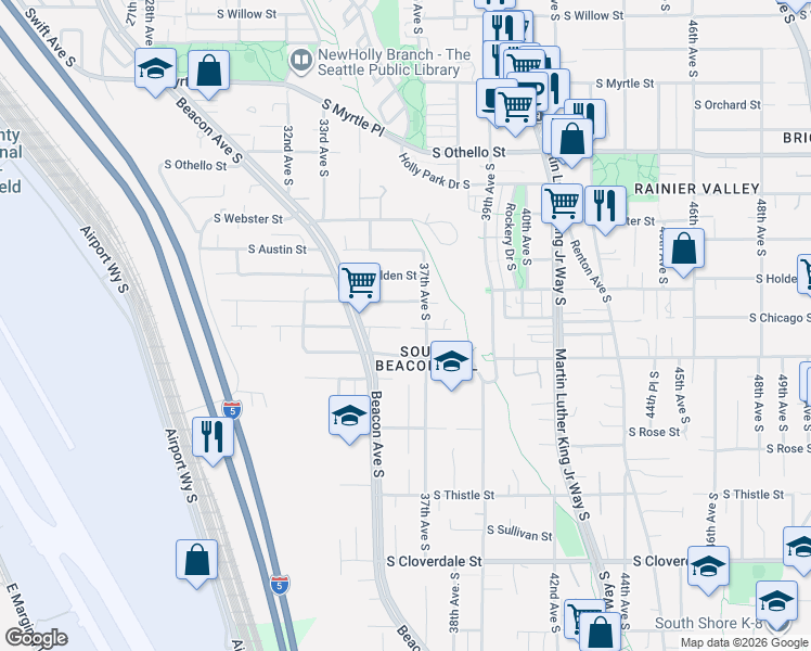 map of restaurants, bars, coffee shops, grocery stores, and more near 7775 37th Avenue South in Seattle