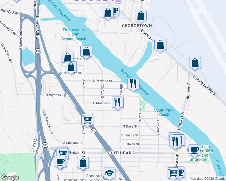 map of restaurants, bars, coffee shops, grocery stores, and more near 744 South Kenyon Street in Seattle