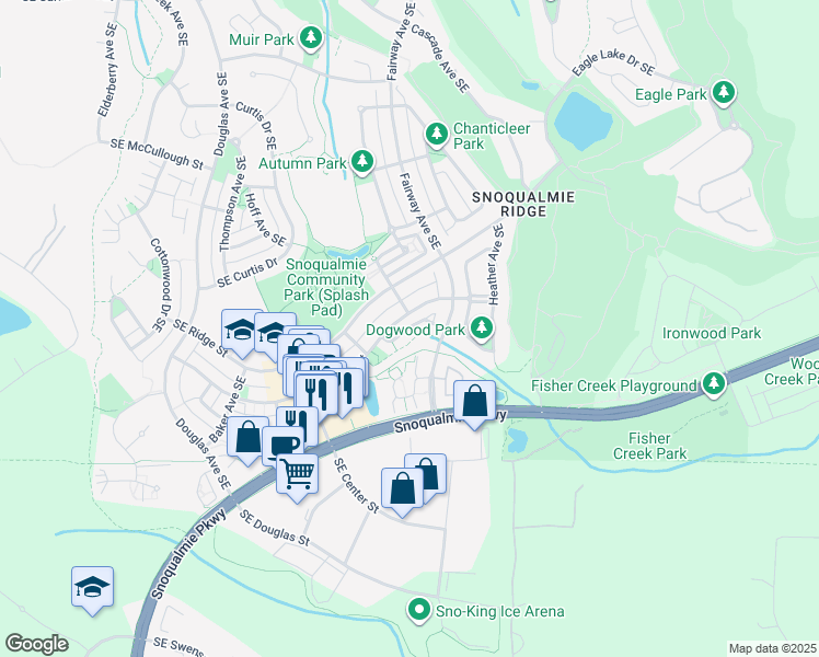 map of restaurants, bars, coffee shops, grocery stores, and more near 35331 Southeast Aspen Lane in Snoqualmie