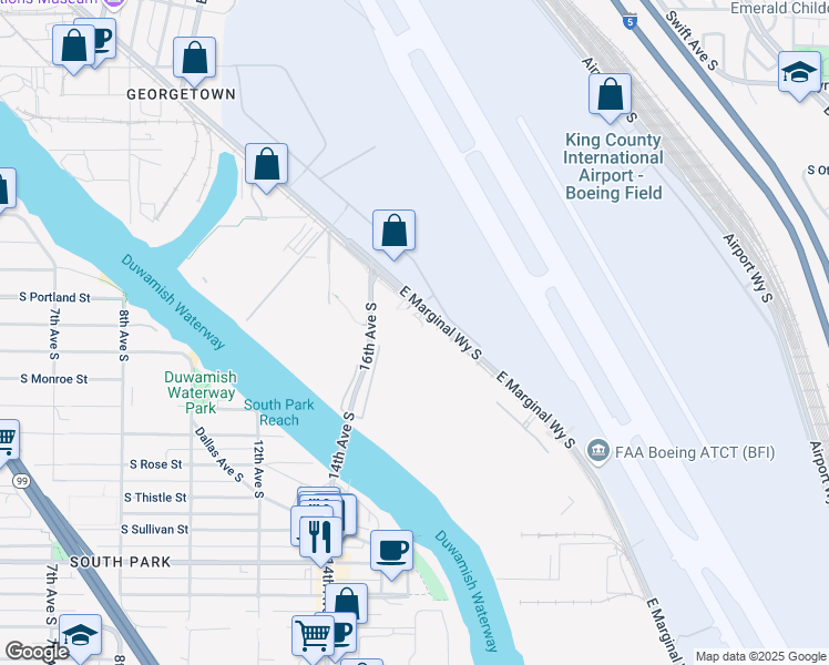 map of restaurants, bars, coffee shops, grocery stores, and more near 7755 East Marginal Way South in Seattle