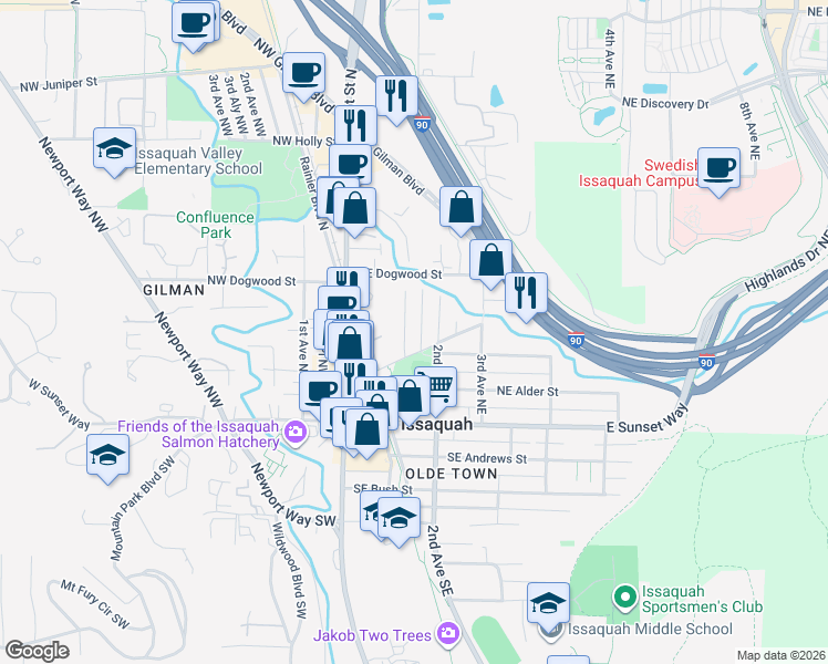 map of restaurants, bars, coffee shops, grocery stores, and more near 220 1st Avenue Southeast in Issaquah