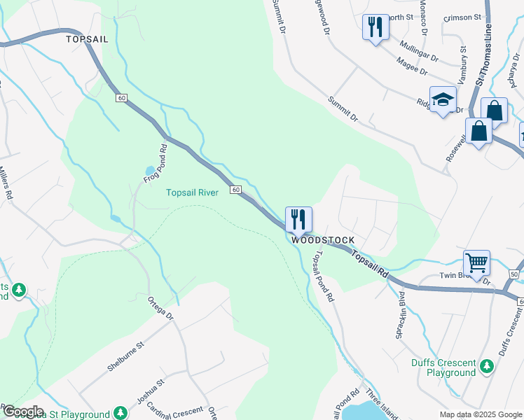 map of restaurants, bars, coffee shops, grocery stores, and more near Topsail Rd & Old Topsail Hill in Conception Bay South