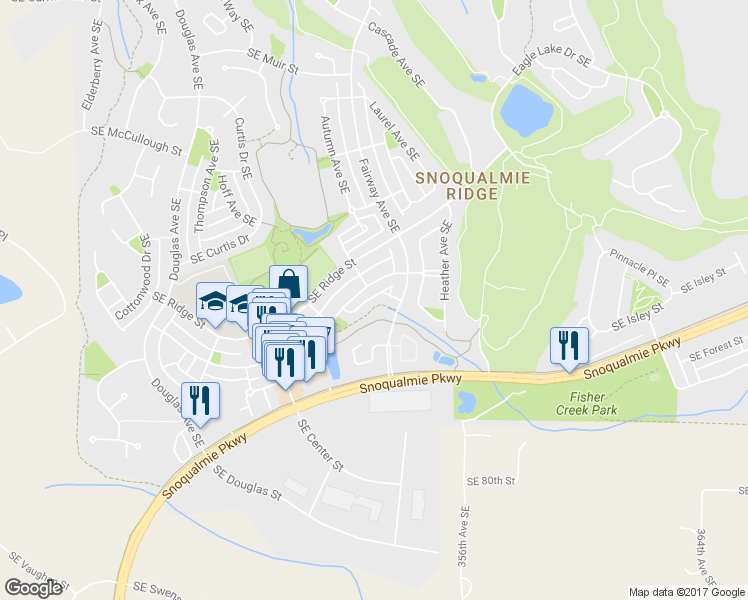 map of restaurants, bars, coffee shops, grocery stores, and more near 35215 Aspen Lane Southeast in Snoqualmie