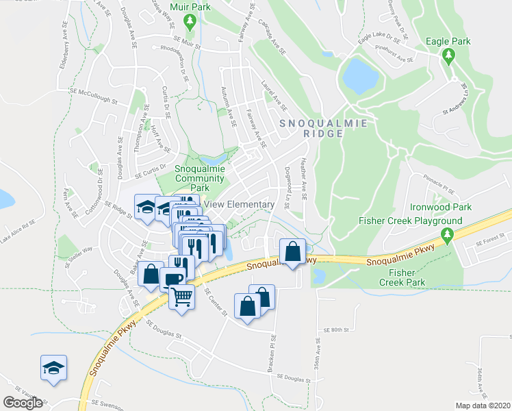 map of restaurants, bars, coffee shops, grocery stores, and more near 7601 Fairway Avenue Southeast in Snoqualmie