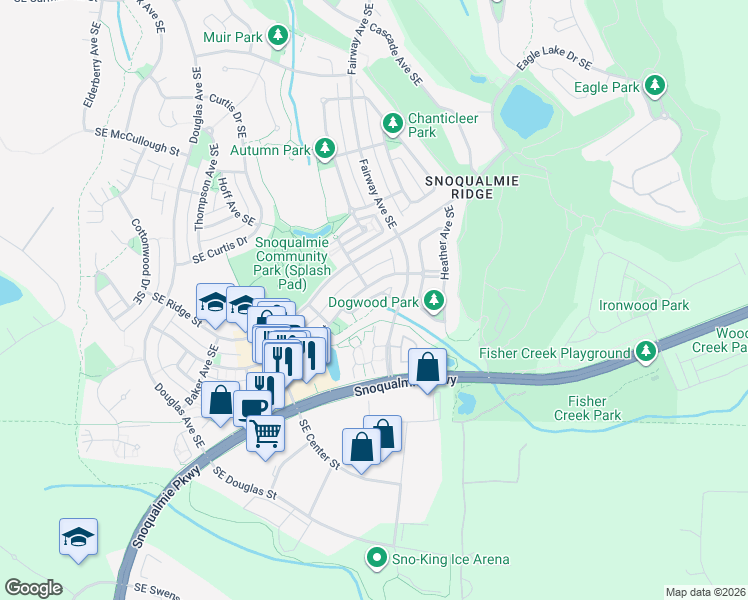 map of restaurants, bars, coffee shops, grocery stores, and more near 35215 Aspen Lane Southeast in Snoqualmie
