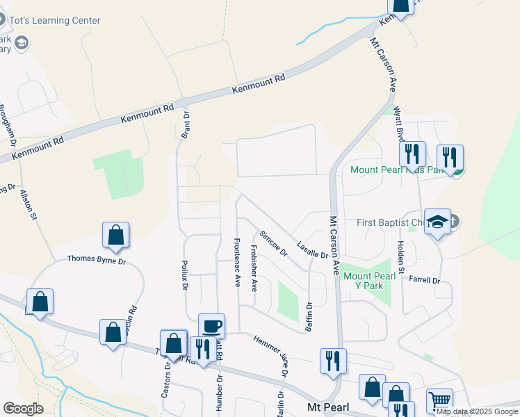 map of restaurants, bars, coffee shops, grocery stores, and more near Lasalle Drive in Mount Pearl