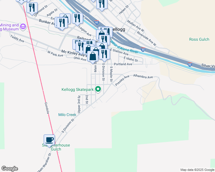 map of restaurants, bars, coffee shops, grocery stores, and more near 9 Kellogg Avenue in Kellogg