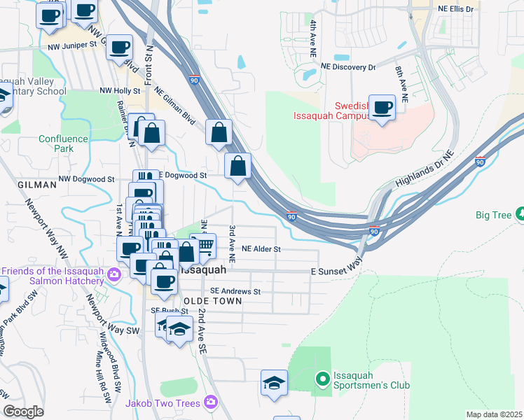 map of restaurants, bars, coffee shops, grocery stores, and more near 371 Northeast Gilman Boulevard in Issaquah