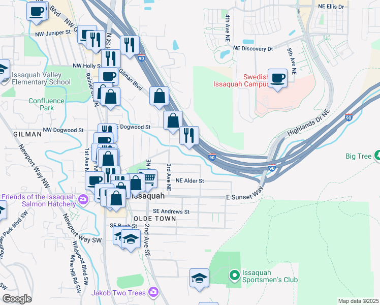 map of restaurants, bars, coffee shops, grocery stores, and more near 371 Northeast Gilman Boulevard in Issaquah