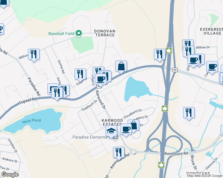 map of restaurants, bars, coffee shops, grocery stores, and more near 27 Kestrel Drive in Paradise