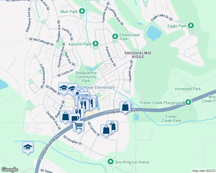 map of restaurants, bars, coffee shops, grocery stores, and more near 7701 Fairway Avenue Southeast in Snoqualmie