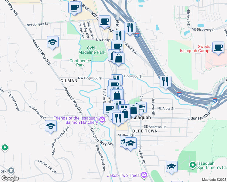 map of restaurants, bars, coffee shops, grocery stores, and more near 158 1st Place Northwest in Issaquah