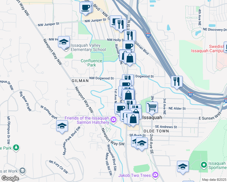 map of restaurants, bars, coffee shops, grocery stores, and more near 165 1st Avenue Northwest in Issaquah