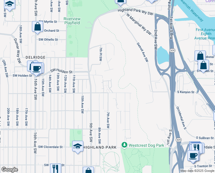 map of restaurants, bars, coffee shops, grocery stores, and more near 600 Southwest Kenyon Street in Seattle