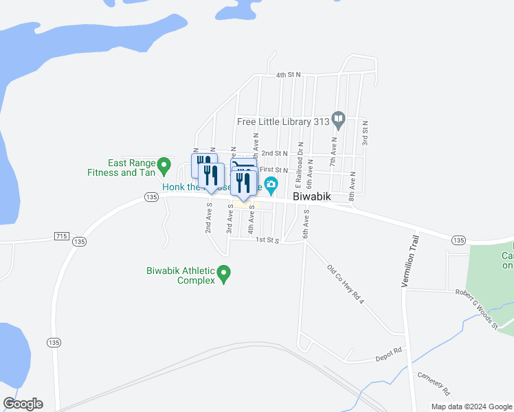 map of restaurants, bars, coffee shops, grocery stores, and more near 109 5th Avenue South in Biwabik