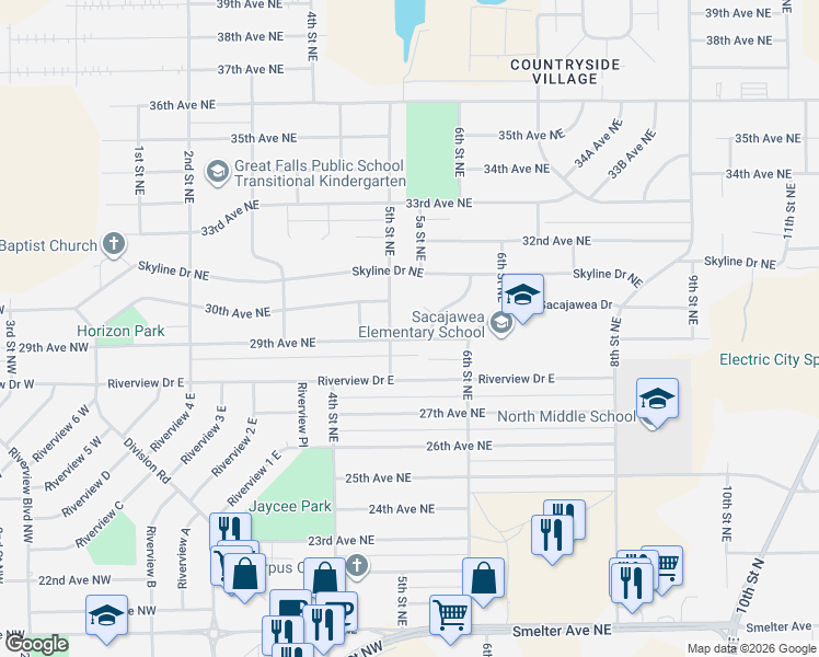 map of restaurants, bars, coffee shops, grocery stores, and more near 2801-2899 5th Street Northeast in Great Falls