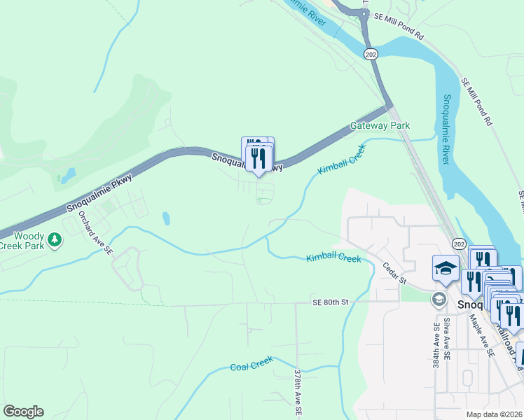 map of restaurants, bars, coffee shops, grocery stores, and more near 7515 Better Way Loop Southeast in Snoqualmie