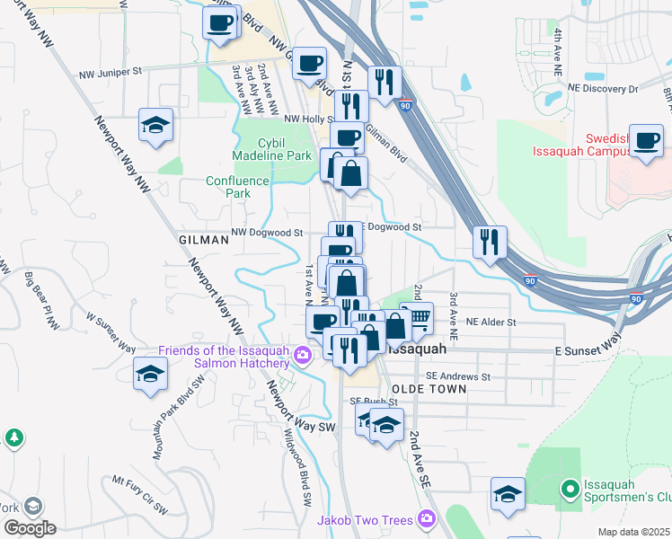 map of restaurants, bars, coffee shops, grocery stores, and more near 158 1st Place Northwest in Issaquah