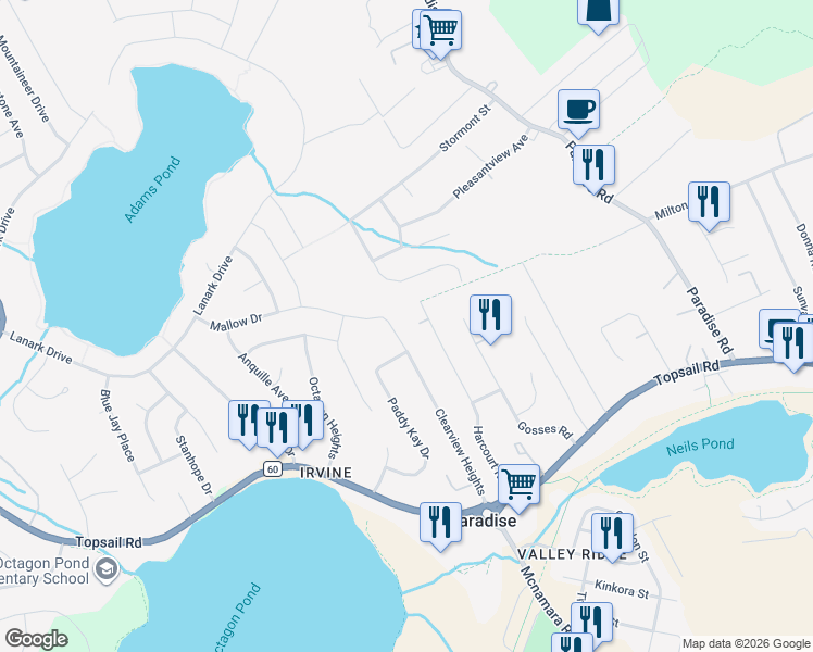 map of restaurants, bars, coffee shops, grocery stores, and more near 72 Clearview Heights in Paradise