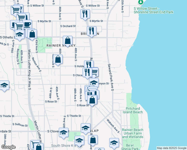 map of restaurants, bars, coffee shops, grocery stores, and more near 7728 Rainier Avenue South in Seattle