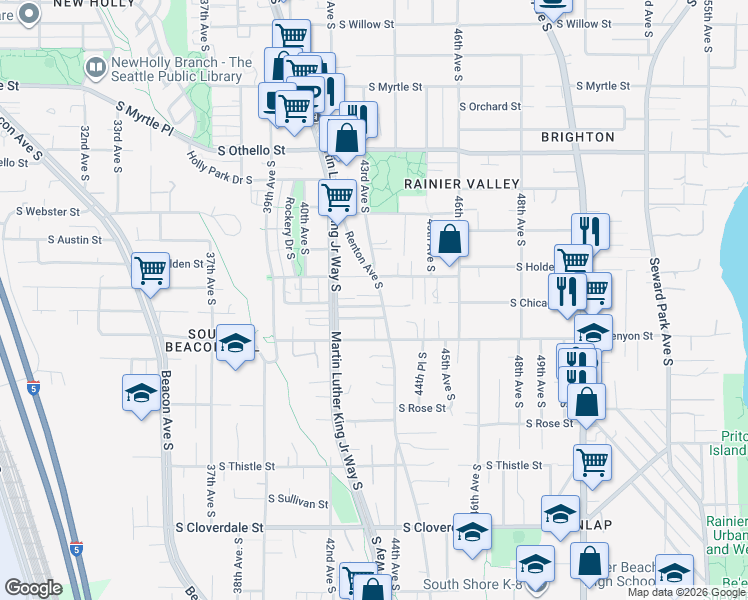 map of restaurants, bars, coffee shops, grocery stores, and more near 7853 Renton Avenue South in Seattle